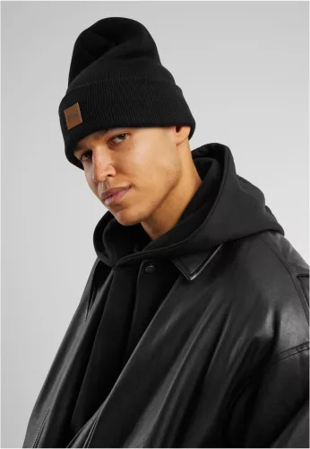 Urban Classics - Synthetic Leatherpatch Long Beanie Fekete - Méret: One Size