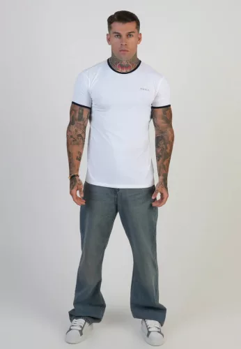 Siksilk White and Navy Ringer T-Shirt - Méret: L