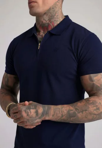 Siksilk Navy Zip Polo T-Shirt - Méret: M