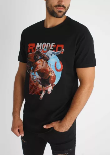 Rodeo Mode Tee - mintás fekete póló - Méret: XS
