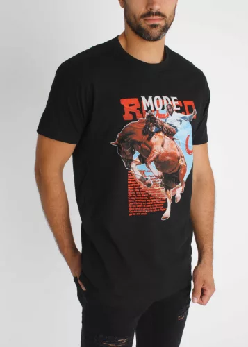 Rodeo Mode Tee - mintás fekete póló - Méret: XS