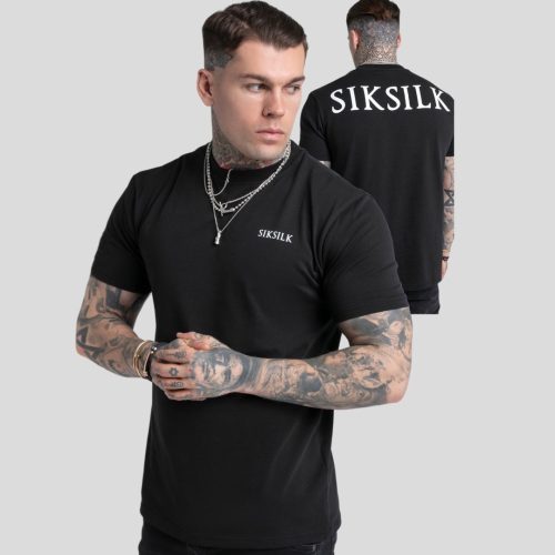 SIKSILK Black Printed Logo Relaxed Fit T-Shirt - fekete póló - Méret: XXL