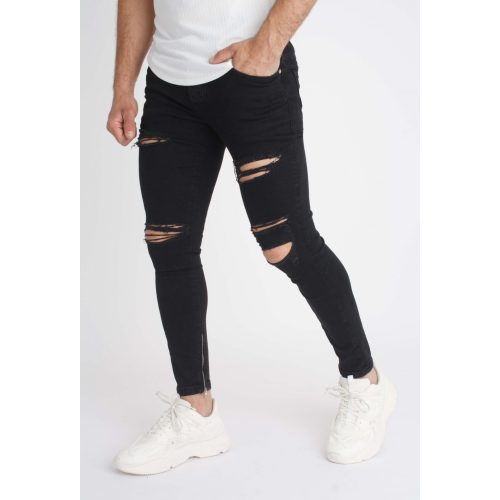 Destroyed Zip Jeans - fekete szaggatott farmer - Méret: 30